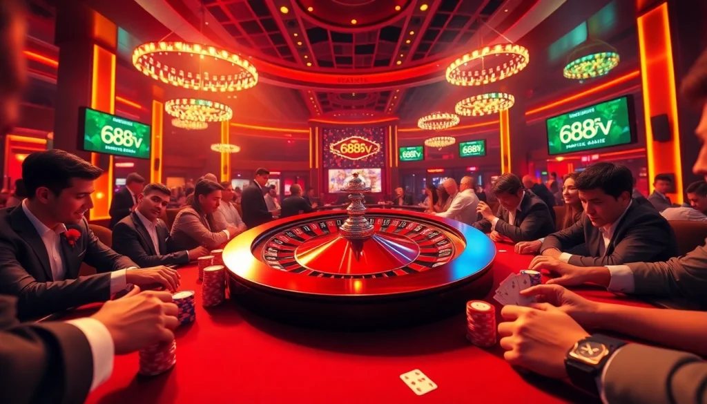 Experience the thrill of winning with 688v at an exciting casino roulette table full of eager players and vibrant decor.