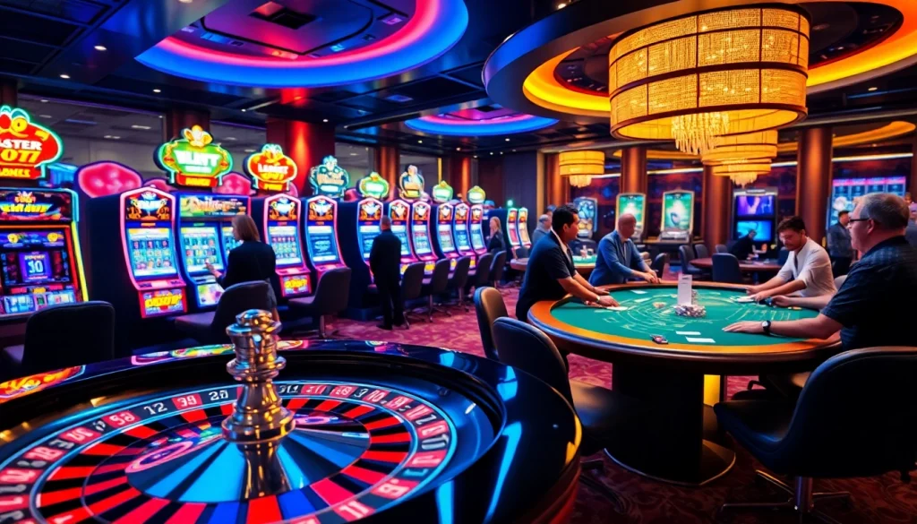 Excited players at the e28 casino engaging with colorful slot machines and poker tables.