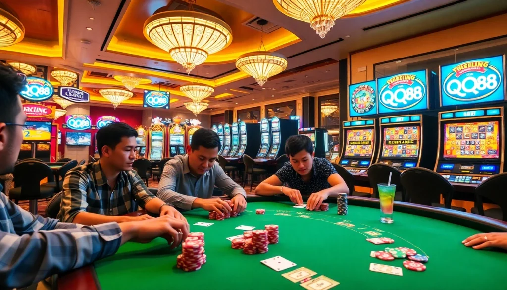 Players at a casino table engaging with games, featuring QQQ88 poker chips and vibrant slot machines.