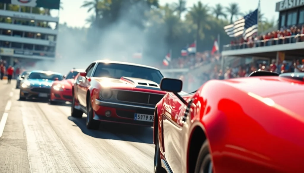 Experience thrilling drag racing events with powerful cars racing down the track in vibrant colors.