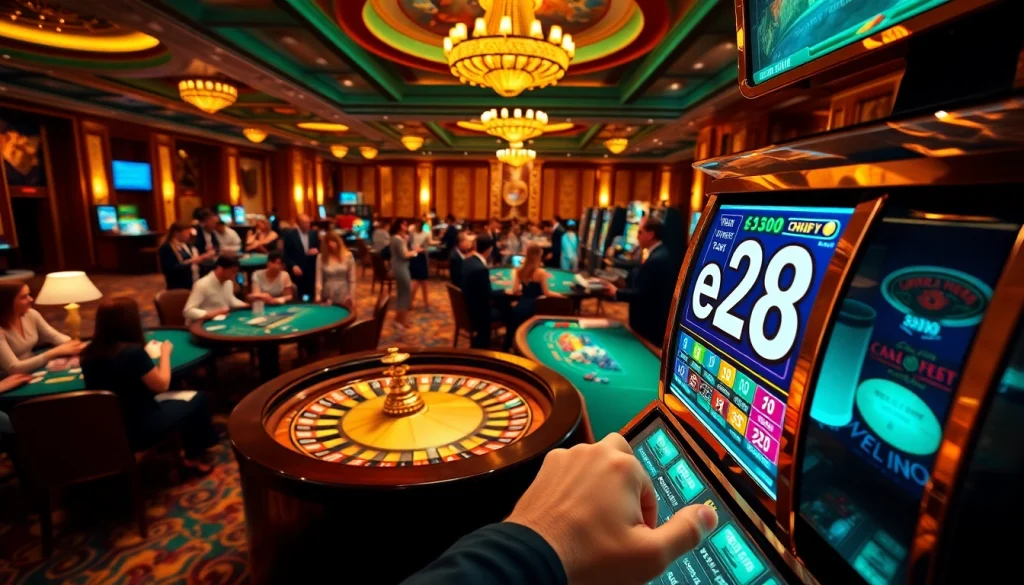 Experience the thrilling atmosphere of a high-stakes casino as players enjoy games like poker and slot machines while rolling the dice with e28 luck.