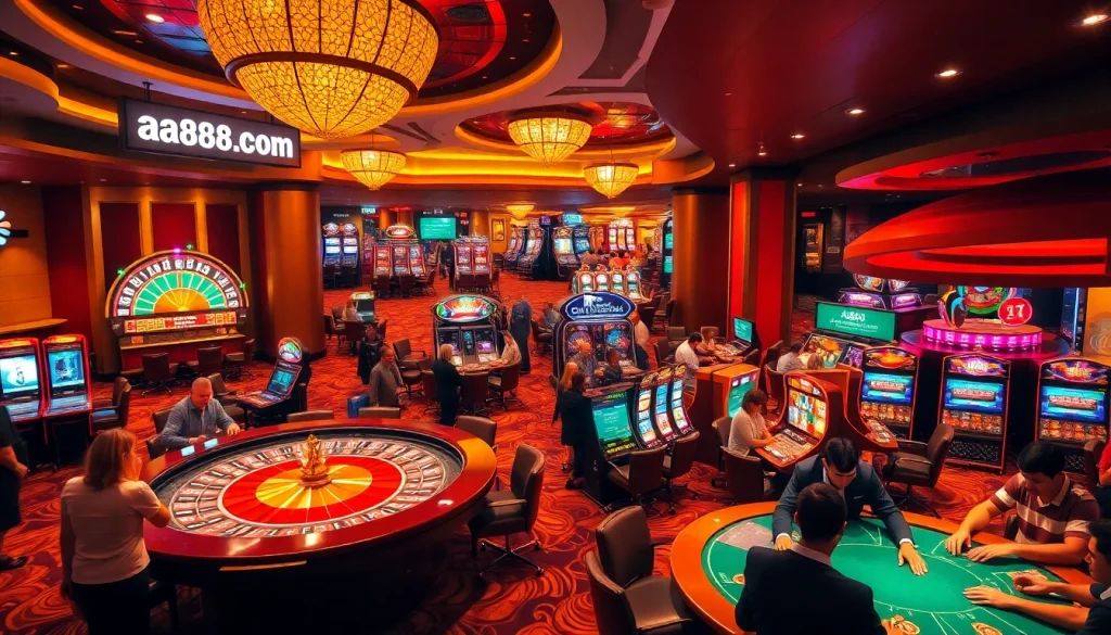 Experience the thrill of gaming at aa888br.br.com with players engaging at poker tables in a vibrant casino.