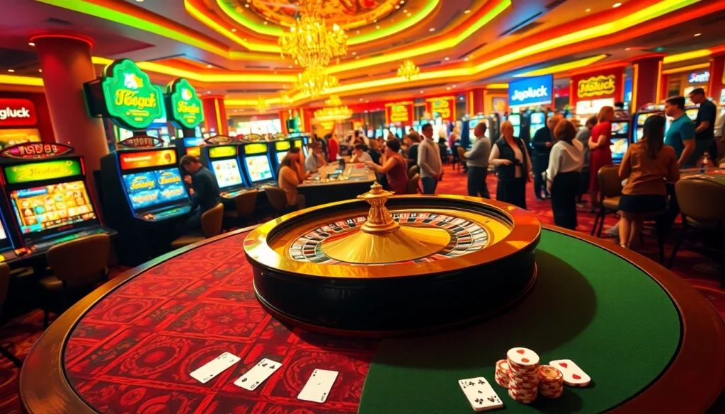 Jogoluck's vibrant casino scene featuring players at a roulette table betting their fortunes.