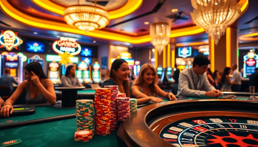 Experience the thrill of wins with players at https://hz88.my/ casino, surrounded by vibrant poker chips and gaming tables.