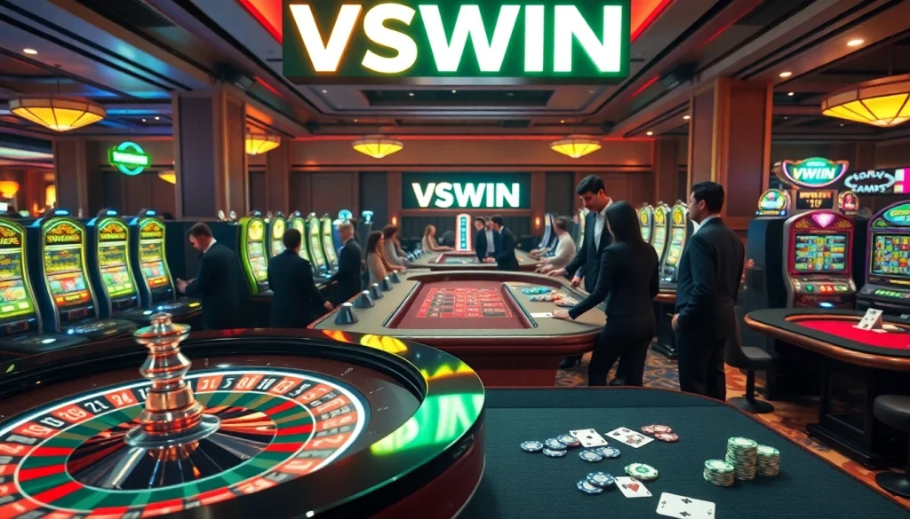 Experience the thrill of winning at VSWIN with players at roulette tables, slot machines, and poker games.
